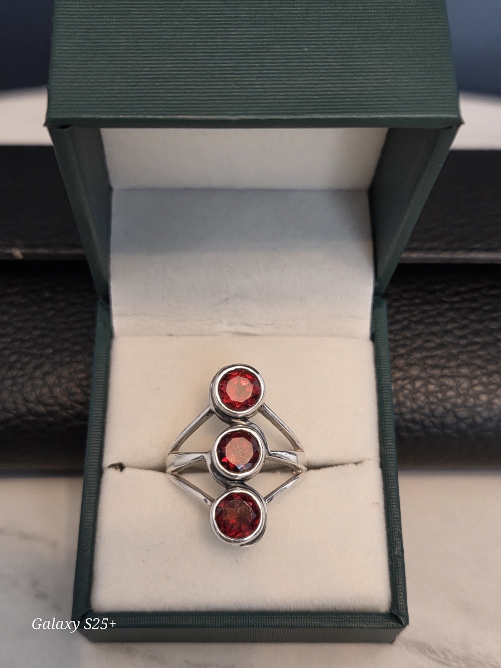 Sterling Silver Triple Red Gemstone Statement Ring, Sz 8